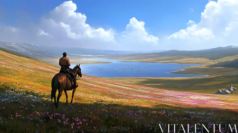 Peaceful Lake View with Horse Rider AI Image