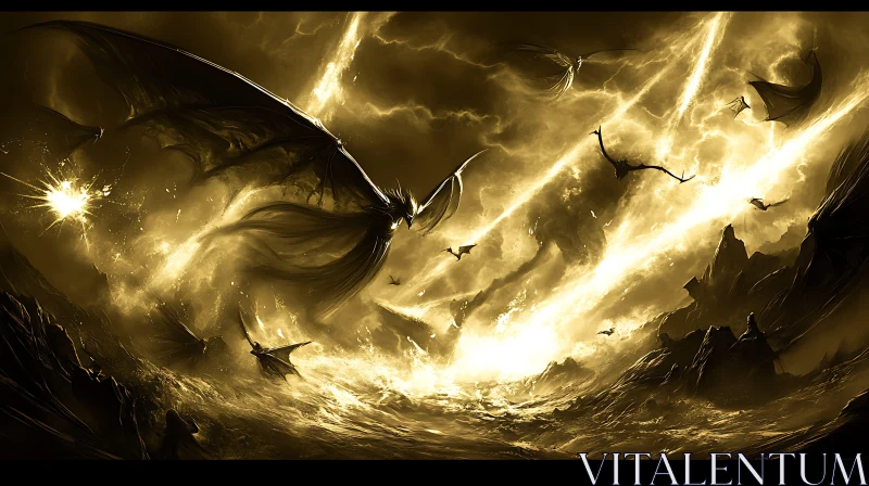 AI ART Golden Dragons Above the Stormy Land