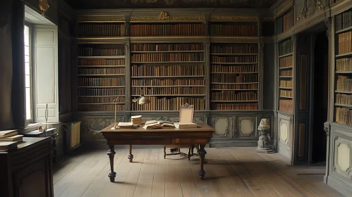 Vintage Library with Wooden Desk and Books