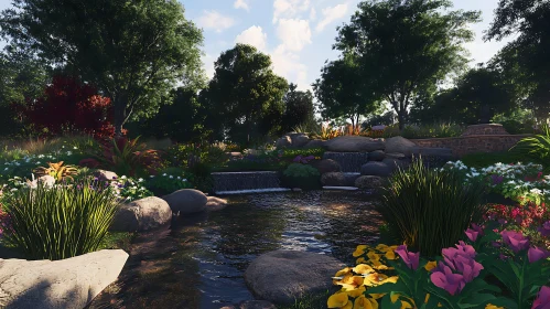 Peaceful Waterscape Garden With Flowers