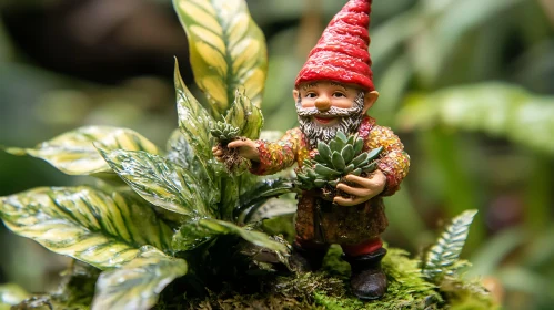 Whimsical Gnome with Succulents in Greenery