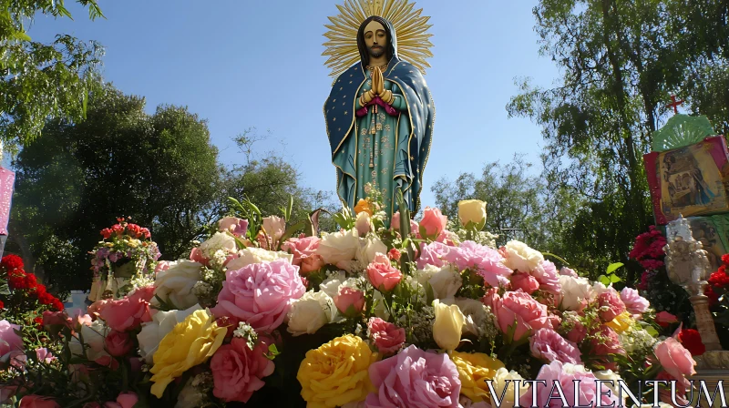 Floral Tribute to a Religious Statue AI Image