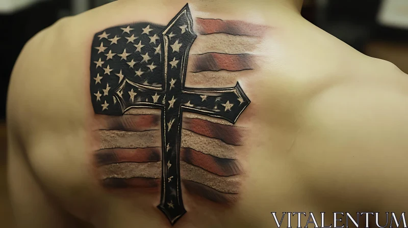 Detailed Cross and Flag Tattoo on Back AI Image