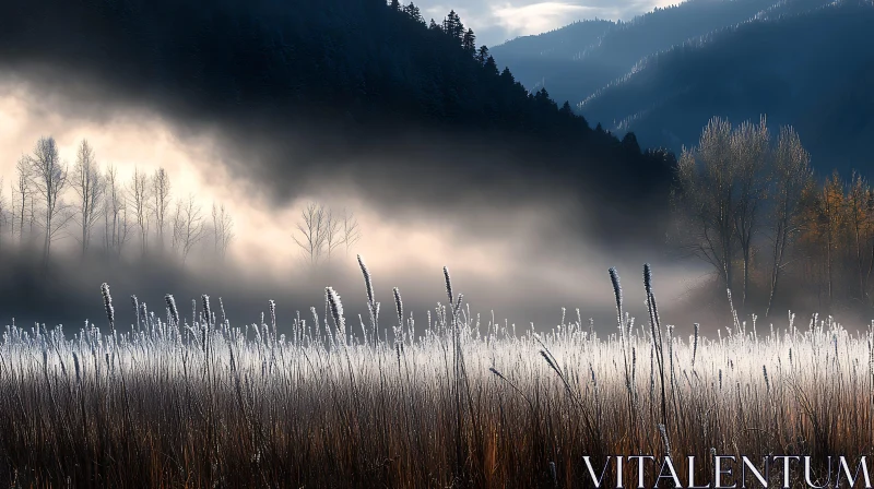 AI ART Foggy Winter Scene with Mountains