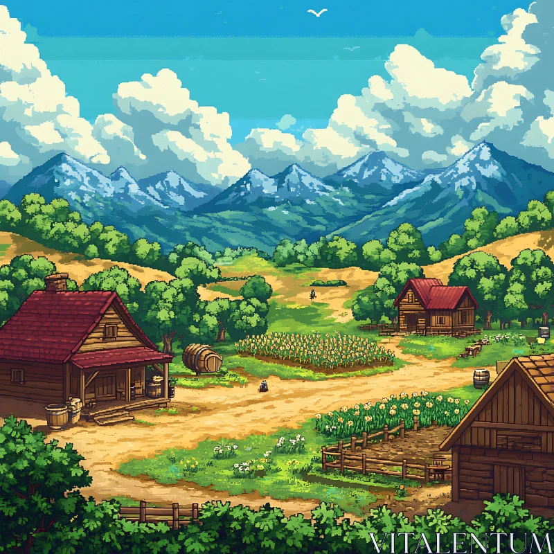 AI ART Rustic Pixel Farm in Mountain Valley