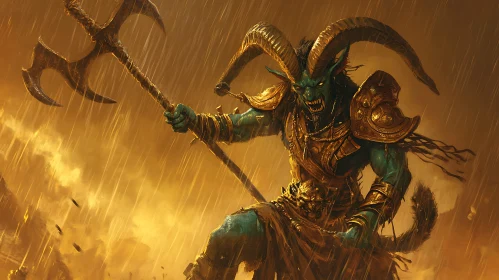 Green Demon with Trident in Storm