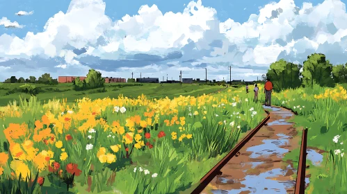 Floral Meadow and Railroad Tracks