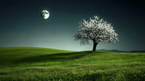 Lone Tree Under Moonlight