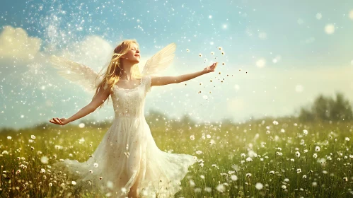 Angel Spreading Stardust in Meadow