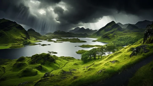Captivating Nature Wonders: Dark Stormy Sky over Lush Green Mountains and Lakes
