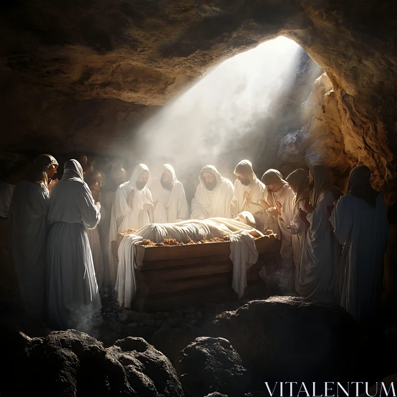 Mourning Scene in Stone Cave AI Image