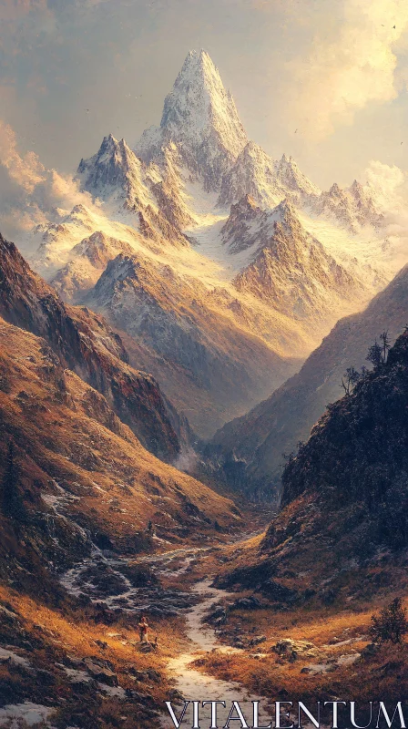 Snow-Capped Peaks with Sunlit Valley AI Image