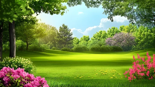 Picturesque Green Meadow with Trees and Flowers