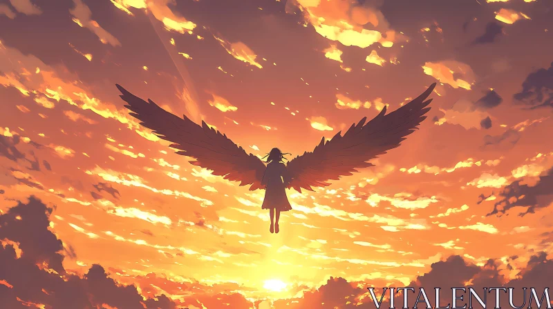 Winged Figure in Golden Sky AI Image