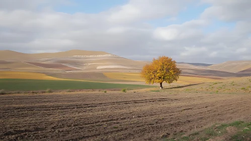 Lonely Tree in Autumn Field Landscape
