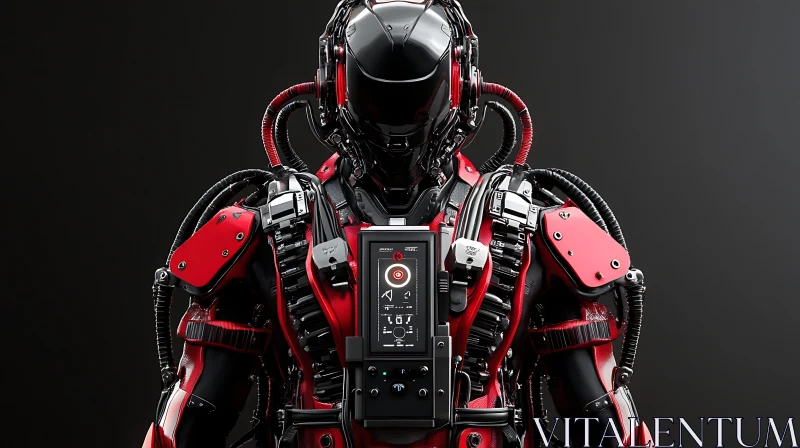 High-Tech Cyborg in Red and Black Armor AI Image