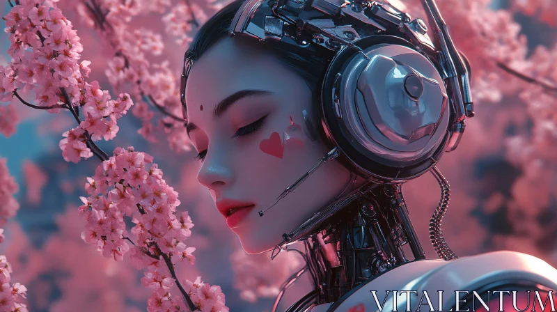 Serene Cyborg Surrounded by Cherry Blossoms AI Image