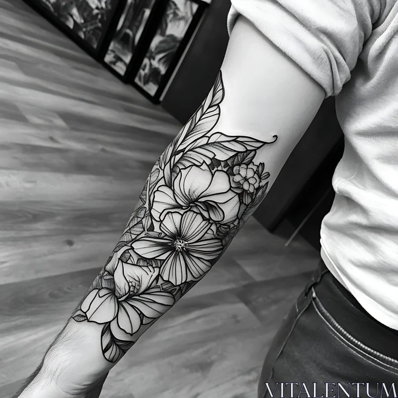 Intricate Floral Blackwork Tattoo Arm Design AI Image