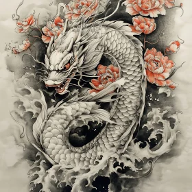 Ink Art Dragon and Peonies Illustration