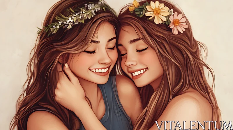 Two Women Embracing with Flowers AI Image