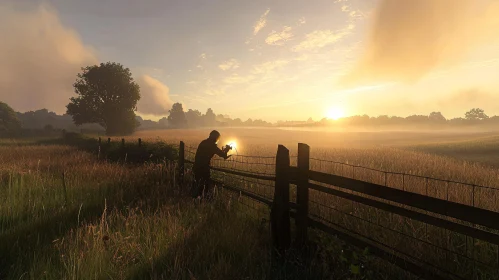 Misty Morning Field at Sunrise