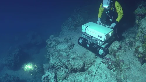 Diver and ROV Exploring Deep Sea