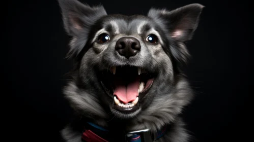 Joyful Dog Portrait in Dark Silver and Cyan