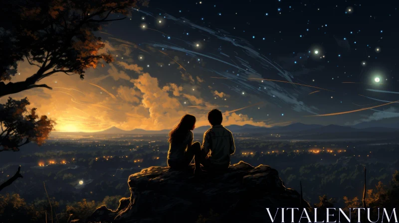 Romantic Night Sky Scene with Couple - Anime Art AI Image