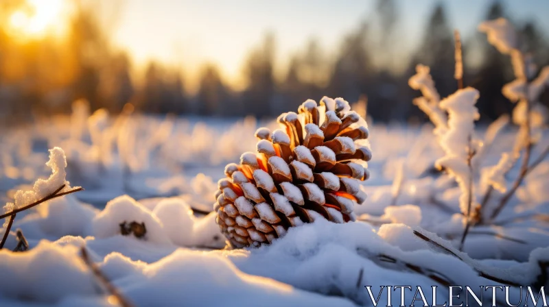 Sunrise Over Snow-Covered Pine Cone: A Study in Serenity AI Image