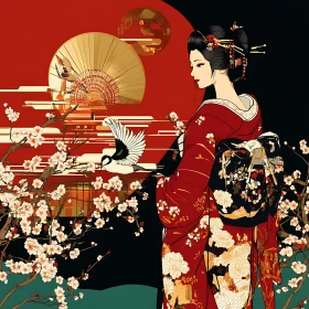 Serene Geisha with Crane and Cherry Blossoms