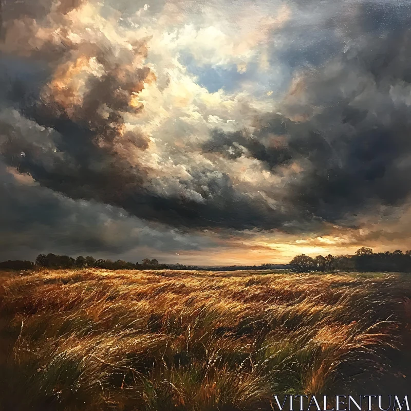 AI ART Landscape with Golden Field and Clouds