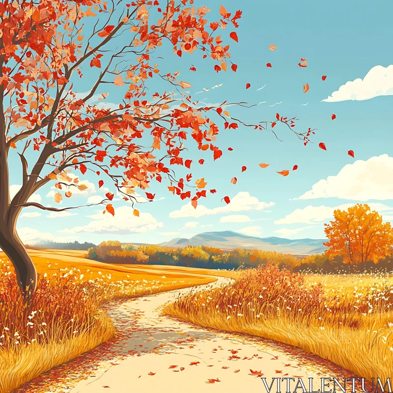 Scenic Autumnal Path with Falling Leaves AI Image