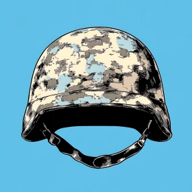 Protective Camo Helmet on Blue Background