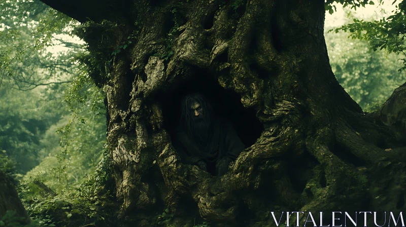 Figure in Tree Hollow: Forest Mystery AI Image