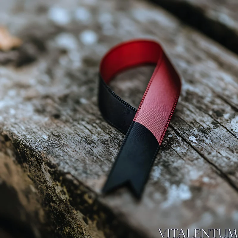 Red and Black Ribbon on Rustic Wooden Bench AI Image