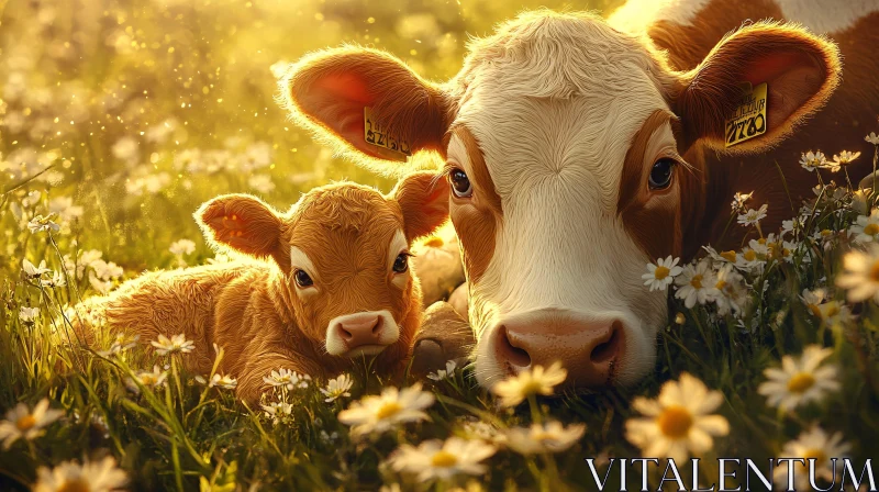 A Cow with its Calf in Meadow AI Image