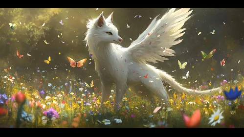 Fox with Wings in Flower Field