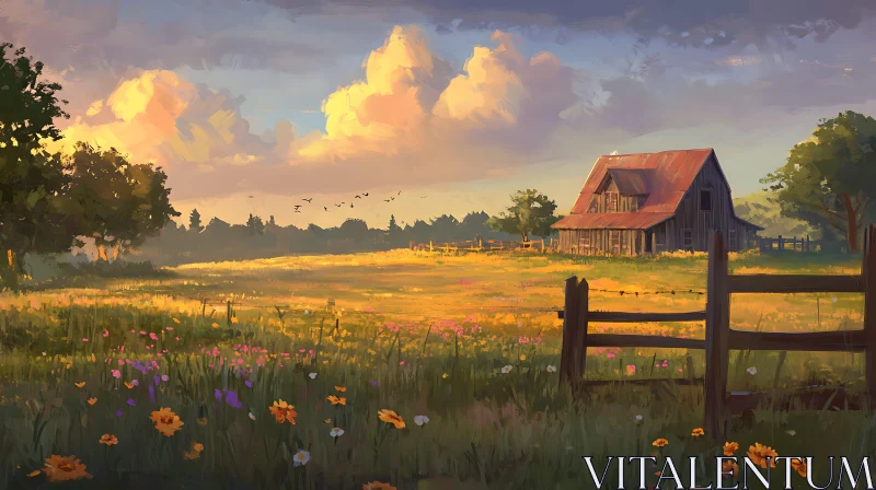 AI ART Sunset Field with Barn