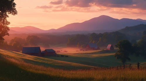 Rural Sunrise Farm Scene
