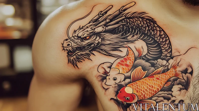 Detailed Dragon and Koi Fish Tattoo on Shoulder AI Image