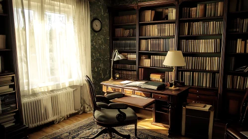 Classic Interior with Bookshelf and Desk