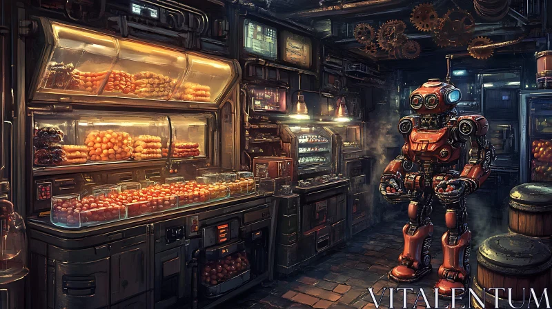 Robotic Chef in Steampunk Kitchen AI Image