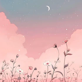 Moonlit Floral Meadow Under Pastel Skies