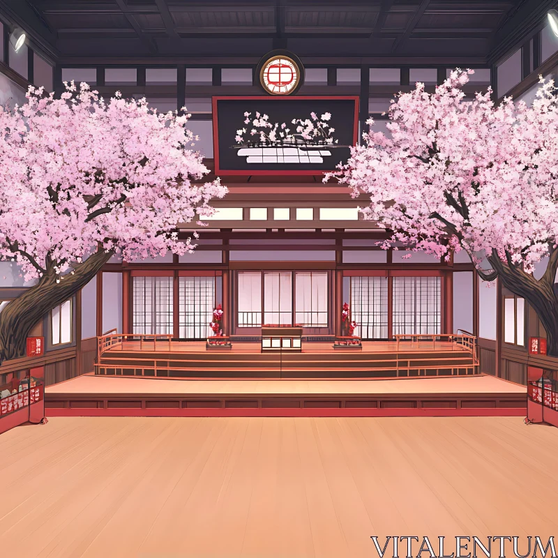 Serene Stage with Blooming Cherry Trees AI Image