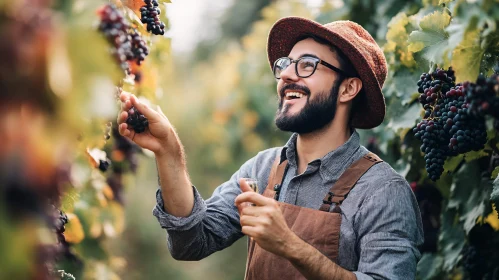 Man Harvesting Grapes with a Smile