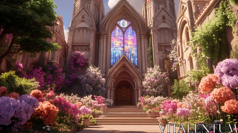 Enchanting Gothic Cathedral with Floral Foreground AI Image