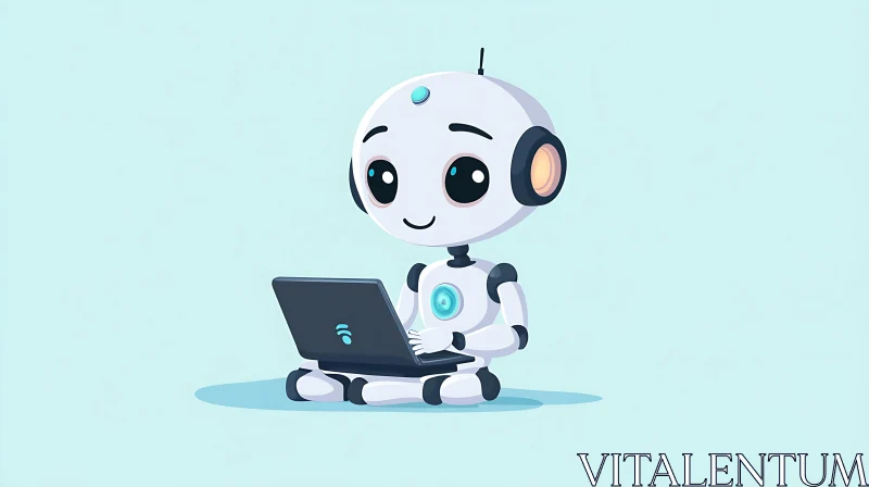 AI ART Cartoon Robot with Laptop Illustration