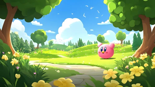 Pink Character in Green Field