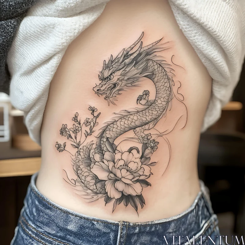 Intricate Dragon Coiled Around Flower Tattoo AI Image