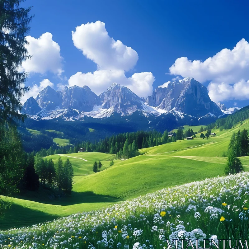 AI ART Idyllic Mountain Scene with Green Fields